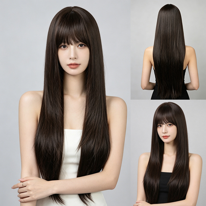 Wig Fiber Net - Cheveux longs et raides avec frange,